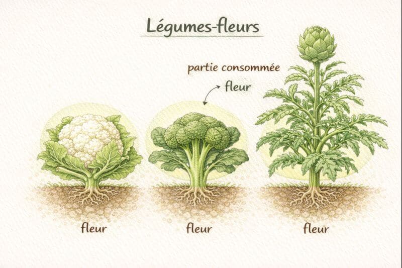 Infographie illustrée montrant un légume-fleur avec ses racines, ses feuilles et ses fleurs mises en évidence pour expliquer quelle partie de la plante est consommée au potager.