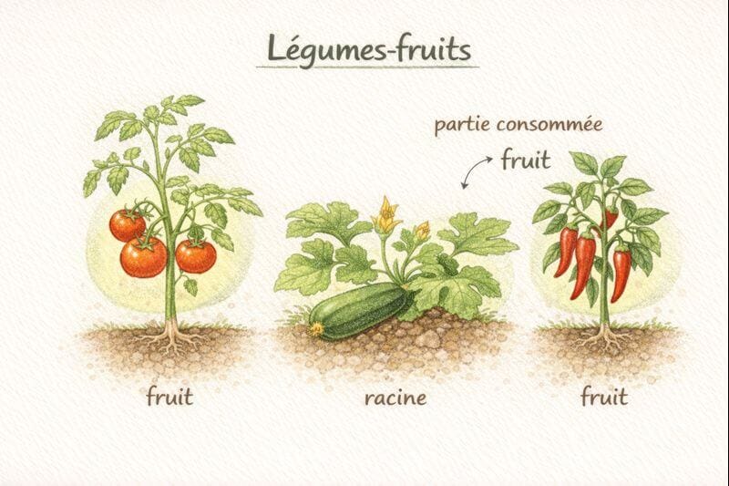 Infographie illustrée montrant un légume-fruits avec ses racines, ses feuilles et ses fruits mis en évidence pour expliquer quelle partie de la plante est consommée au potager.