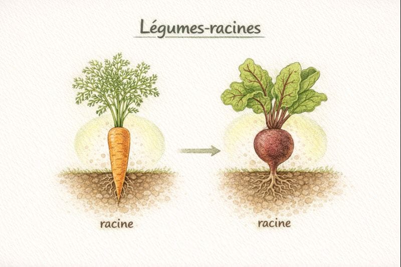 Infographie illustrée montrant un légume-racine avec ses racines et ses feuilles mises en évidence pour expliquer quelle partie de la plante est consommée au potager.