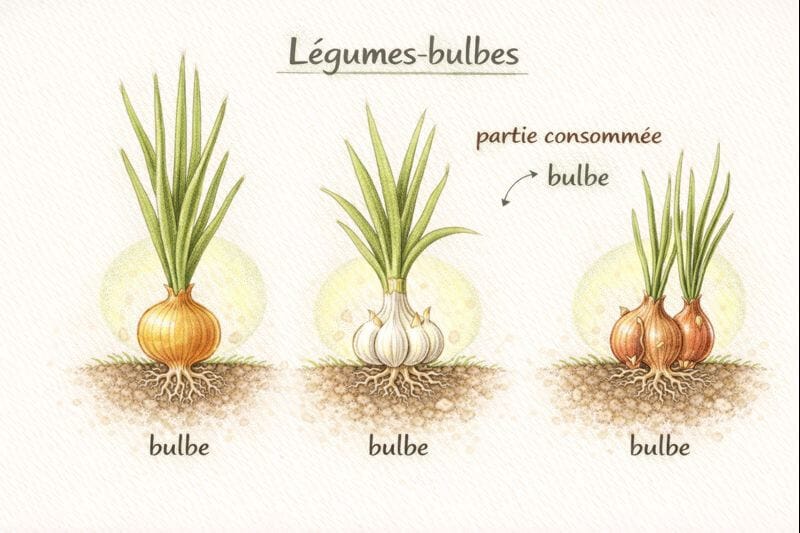 Infographie illustrée montrant un légume-racine avec ses feuilles et ses racines bulbeuses mises en évidence pour expliquer quelle partie de la plante est consommée au potager.
