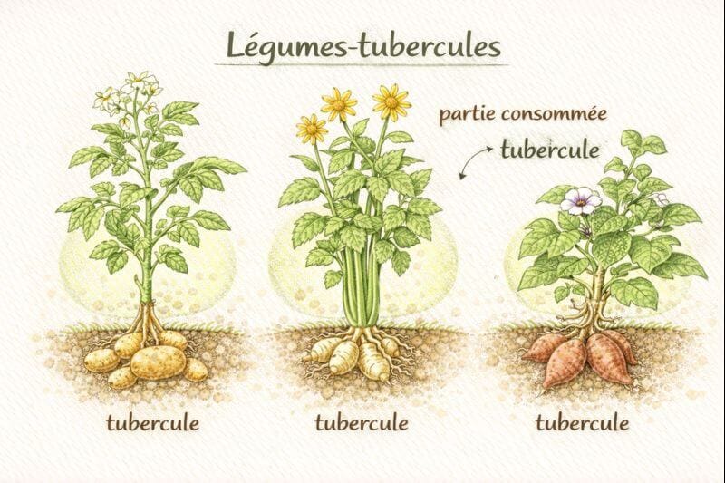 Infographie illustrée montrant un légume-racine avec ses feuilles et ses racines tubéreuses mises en évidence pour expliquer quelle partie de la plante est consommée au potager.