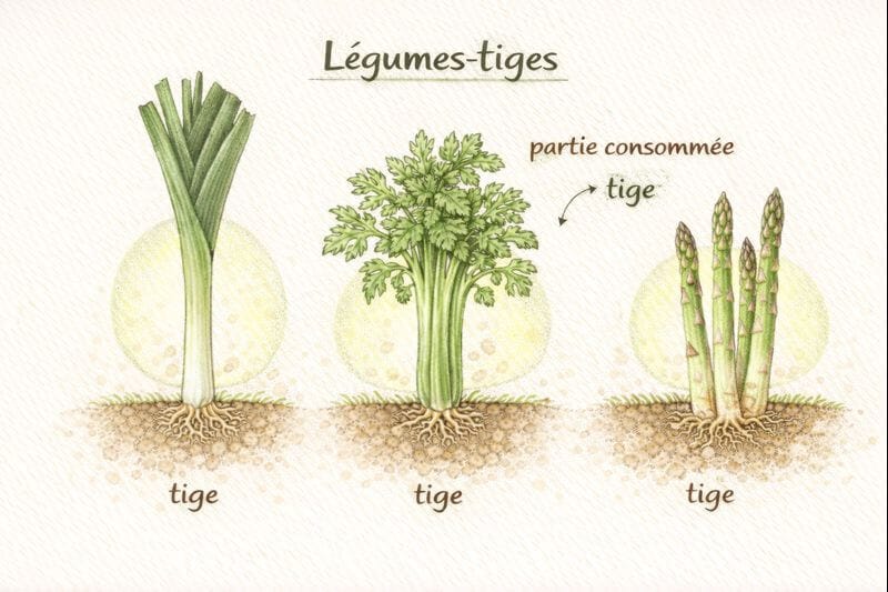 Infographie illustrée montrant un légume-tige avec ses racines et ses tiges mises en évidence pour expliquer quelle partie de la plante est consommée au potager.
