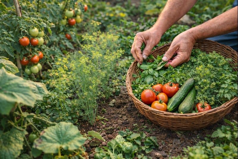 Récolte de plantes aromatiques annuelles au potager, basilic et aneth cultivés en sol vivant avec tomates