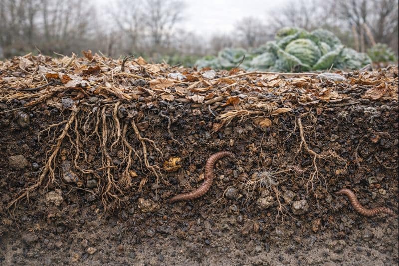 image d'un sol vivant avec des racines et des vers de terre,comprendre son sol