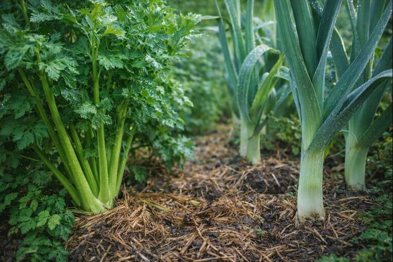 Légumes-tiges au potager : céleri, poireaux et tiges charnues poussant dans un sol paillé et humide