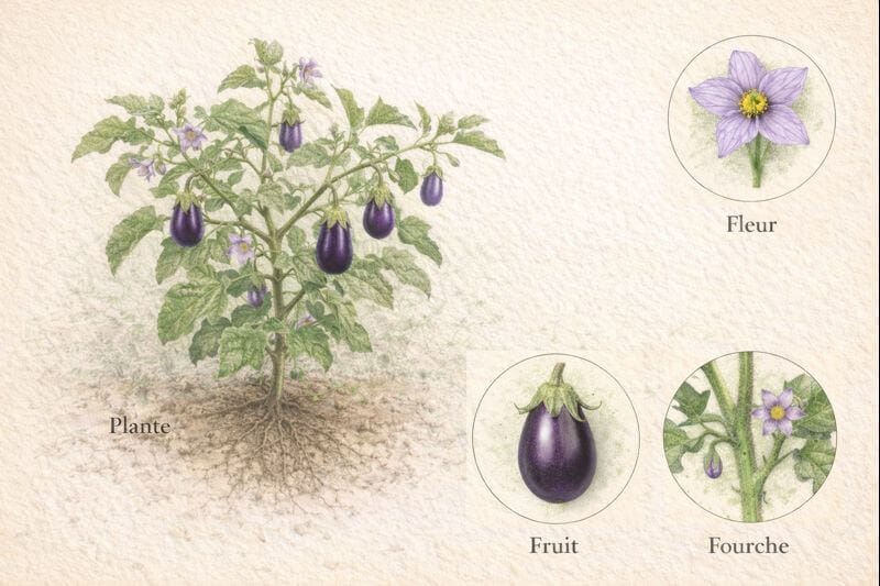 Plant d'aubergine, détail en gommette: fruit, fleur et fourche, pour donner des repères visuels